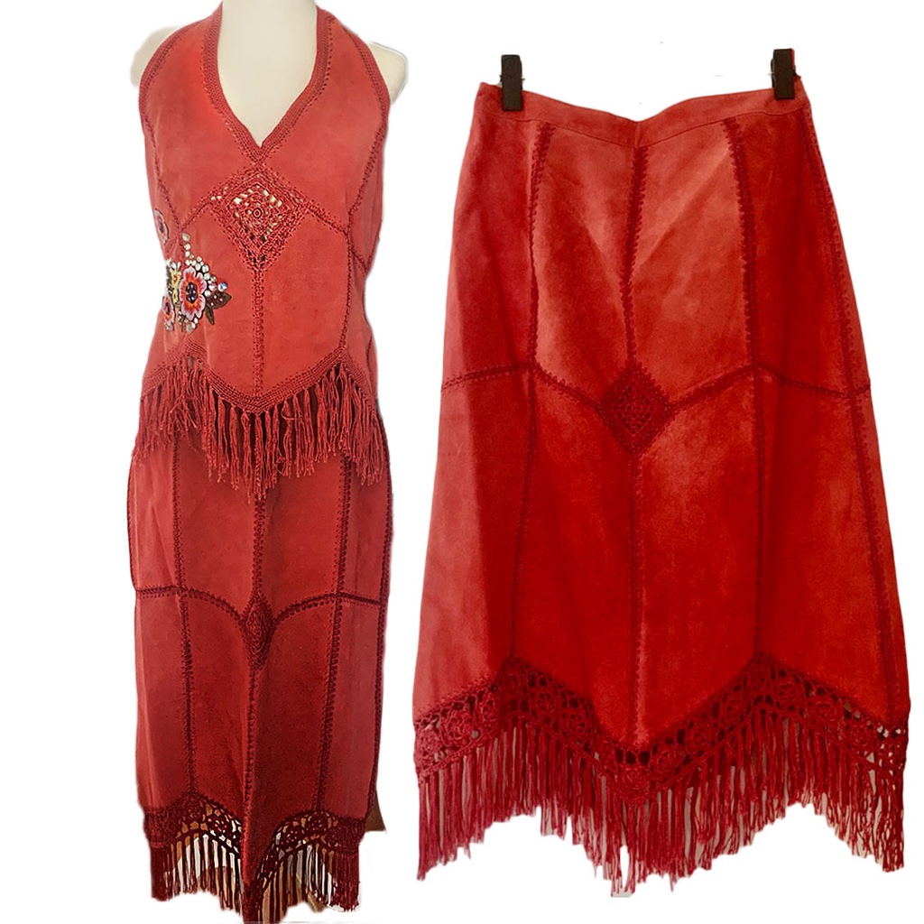 70's Vintage Metro Style Embroidered Fringe Skirt